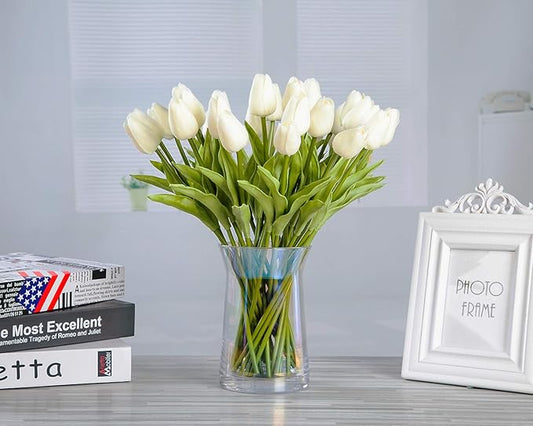 30pcs Artificial Tulips Flowers Real Touch Tulips Fake Holland PU Tulip Bouquet Latex Flower White Tulip for Wedding Party Office Home Kitchen Decoration (Milk White)
