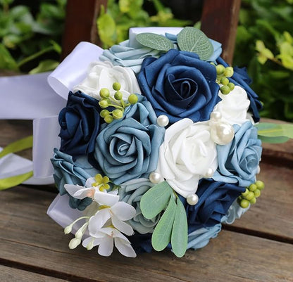 Lightweight Bridal Wedding Bouquet Round Holding Bouquet Throw Toss Artificial Rose Flower Bunch for Bride Bridesmaid Wedding Quinceanera (White & Shades of Blue, 6.7")