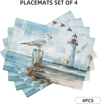 Lighthouse Seagull Placemats Set of 4 Washable Table Mats Ocean Nautical Coastal Heat-Resistant Cotton Linen Place Mats for Dining Table Kitchen Indoor Outdoor Party Holiday Decor