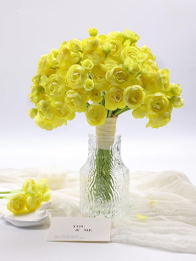 Meldel 32Pcs Ranunculus Artificial Flower Mini Rose, Faux Yellow Ranunculus Flowers for DIY Bouquet, Bulk Fake Peony Wedding Filler Flowers for Centerpieces Arrangements Bridal Shower Decorations