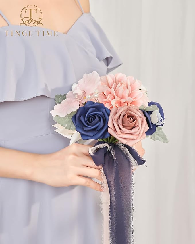 TINGE TIME 7inch Wedding Bouquets for Bridesmaid, Artificial Flowers Cascading Bridal Bouquet for Wedding (Dusty Rose & Navy Blue, Set of 4)