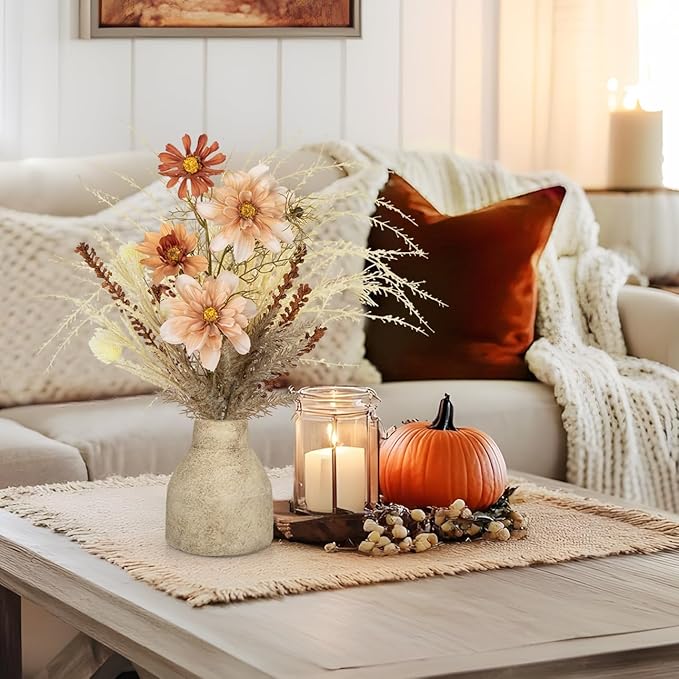 Hollyone Faux Fall Pampas Grass with Vase, Fall Flowers Artificial for Decoration Arrangement Bouquet Plant in Ceramic Vase Fluffy Boho Home Decor Fake Pompass Pompous Grass Floral Autumn Decorations