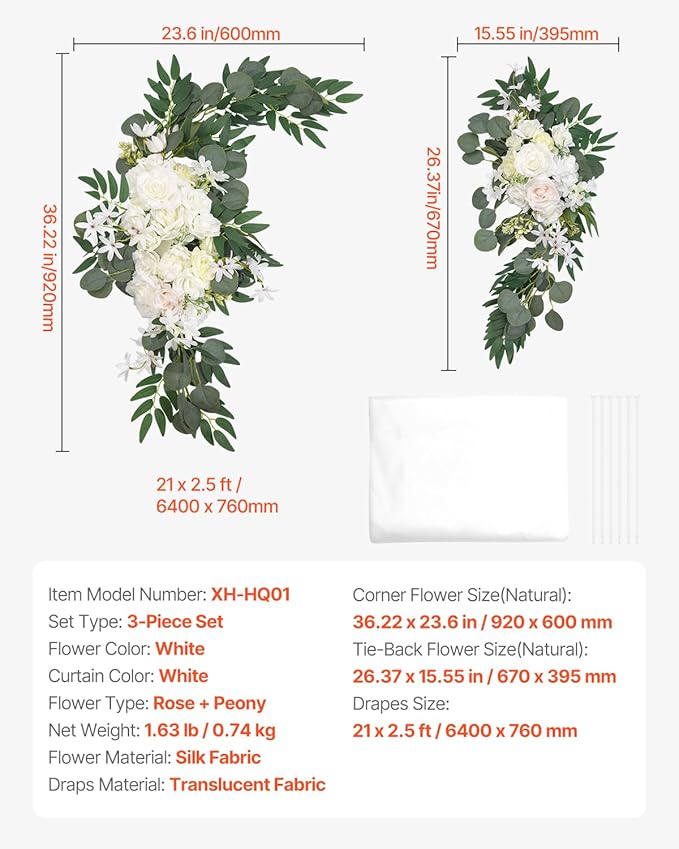 VEVOR Artificial Wedding Arch Flowers Kit, White Wedding Arch Flowers with Drapes Kit (Pack of 3) - 2 Pcs Floral Arrangement, 1 Pcs Sheer Drapes, for Ceremony Bouquets Reception Backdrop Decoration