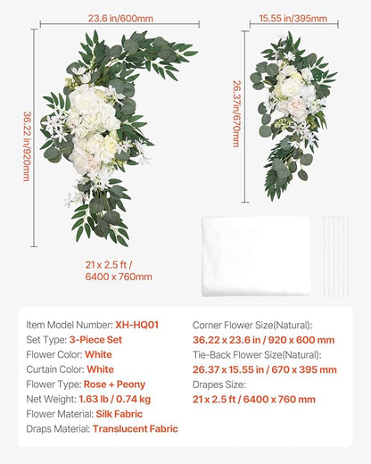 VEVOR Artificial Wedding Arch Flowers Kit, White Wedding Arch Flowers with Drapes Kit (Pack of 3) - 2 Pcs Floral Arrangement, 1 Pcs Sheer Drapes, for Ceremony Bouquets Reception Backdrop Decoration