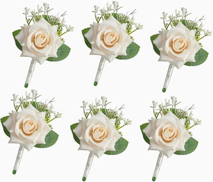 Champagne Rose Boutonnieres for Men Wedding with Pins, Set of 6, Baby's Breath Boutonniere for Best Men Groom Groomsmen Wedding Prom Homecoming