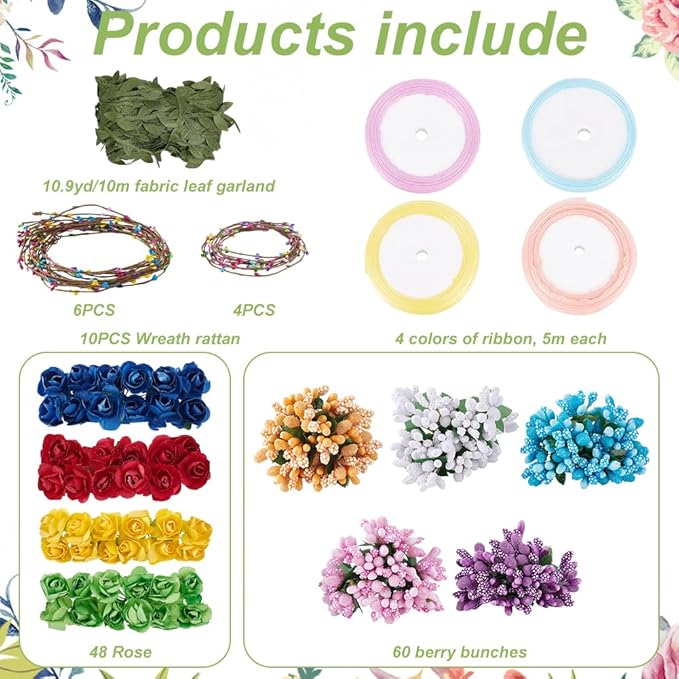 INFUNLY 12Sets DIY Flower Crowns Making Kit Fairy Flower Headbands and Bracelets Make Your Own Flower Wreath Handmade Floral Garland Kit Floral Crowns Head Hair Accessories for Wedding Birthday Party