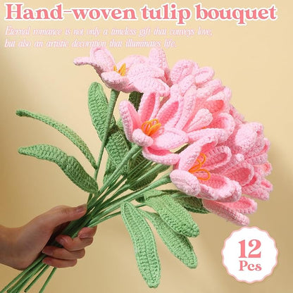 YoungJoy Crochet Rose 12 Pcs Handmade Knitted Flowers Tulip Sunflower Daisy Heart Artificial Knitted Floral Mother Day Graduation Home Decor(White Tulip)