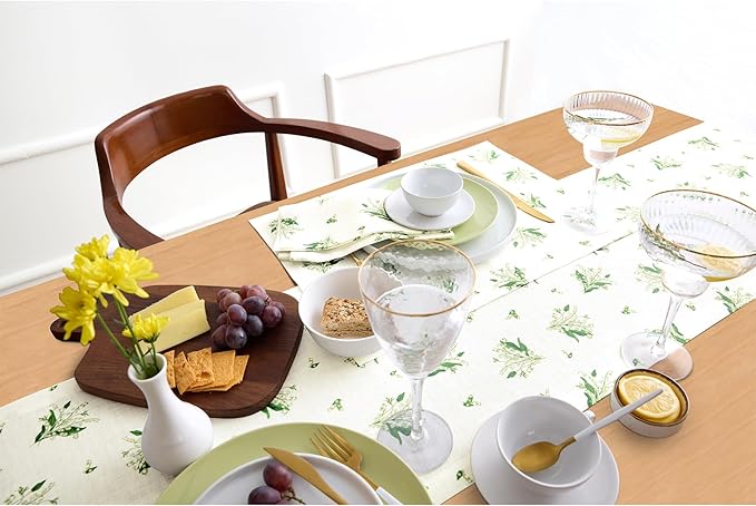 Solino Home Lily Floral Print Table Runner 108 Inches Long - 100% Pure Linen Table Runner 14 x 108 Inch - Lily of The Valley/Off White Print