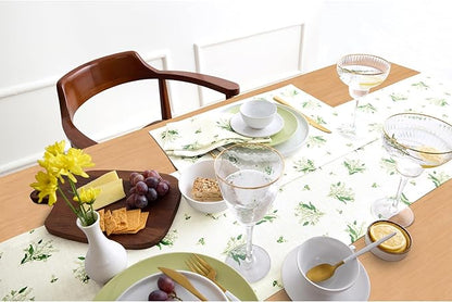 Solino Home Lily Floral Print Table Runner 36 inch - 100% Pure Linen Table Runner 14 x 36 Inch - Machine Washable - Lily of The Valley/Off White Print