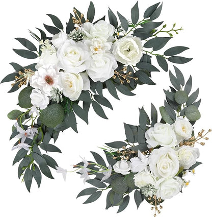 Wedding Arch Flowers for Wedding Welcome Sign, 2PCS Artificial Flower Floral Swag for Decoration Ceremony Reception Backdrop Party Aisle (White)