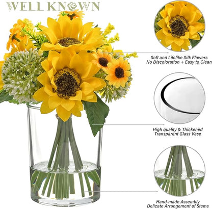 WELL KNOWN Yellow Silk Sunflower Arrangements Bouquet with Vase, Sunflower Artificial Flowers in Glass Vase for Housewarming Decoration Home Decor Office Dining Table Centerpieces