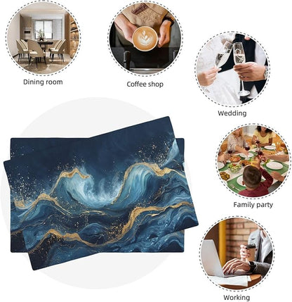 Abstract Blue Wave Placemats Set of 6, Sea Navy Double-Sided Table Mats for Kitchen Home Party Indoor Decor 6 PCS 12x18 Inch