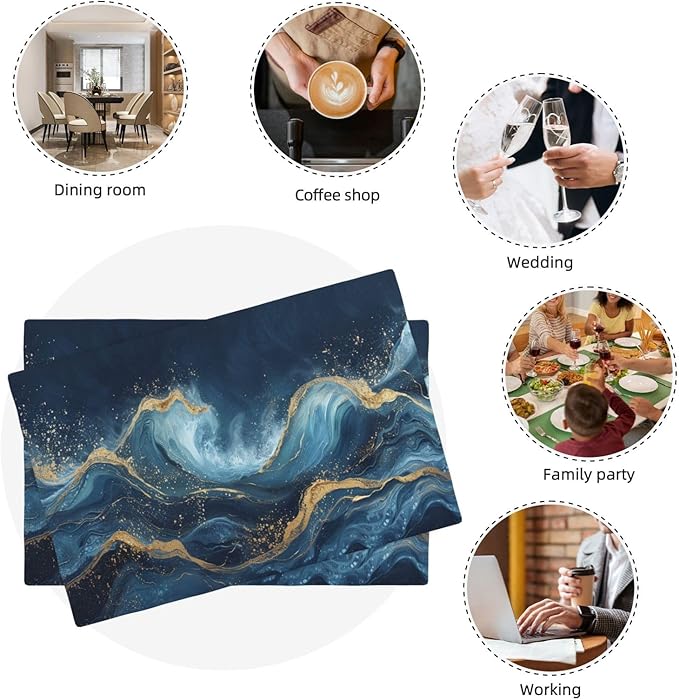 Abstract Blue Wave Placemats Set of 4, Sea Navy Double-Sided Table Mats for Kitchen Home Party Indoor Decor 4 PCS
