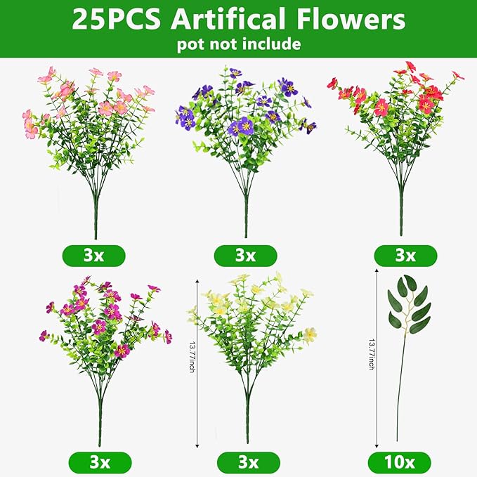 Artificial Faux Plants Flowers Outdoor Decoration,16 Bundles Fake Silk Colorful Daisy Eucalyptus Realistic UV Resistant for Outside Home Planter Porch Patio Yard Decor (red, white, pink,purple, green)