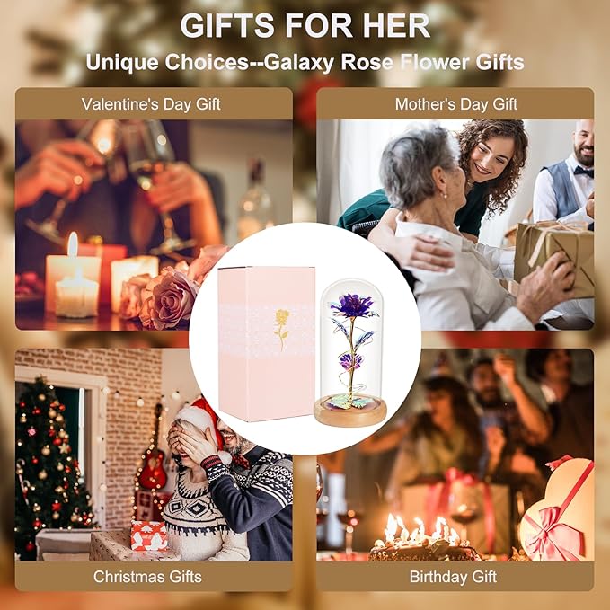 Beferr Mom Birthday Gifts for Women, Galaxy Glass Rose Forever Preserved Flowers for Delivery Prime Light Up Rose in Glass Dome Christmas Rose Gifts for Her Wife Daughter Friends, Purple
