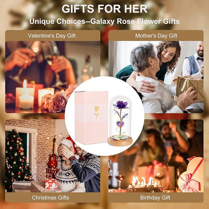 Beferr Mom Birthday Gifts for Women, Galaxy Glass Rose Forever Preserved Flowers for Delivery Prime Light Up Rose in Glass Dome Christmas Rose Gifts for Her Wife Daughter Friends, Purple