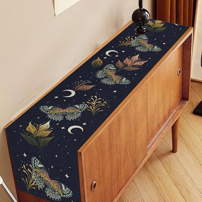 Gothic Moth Table Runner, Boho Gothic Floral Butterfly Sun Moon Mystical Witchy Starlight Coffee Table Center Decor for Home Kitchen Dining Patio Holiday Party Table Decorations 13x72 inches