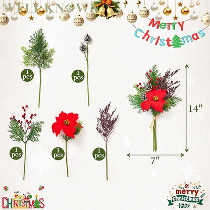 11 Pcs Artificial Christmas Flowers Bouquet Pine Branches 14" Red Poinsettias FLowers Faux Greenery Spary Stems Red Berry Pine Cones Fake Cedar Picks for DIY Crafts Tabletop Winter Home Party Decor