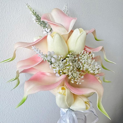 Floral Bouquet 12 Artificial Calla Lilies with 8 Artificial Tulip Flowers, Bridesmaid Bouquet with Wedding Ceremony Festivals Anniversary Bridal Rehearsal Party Bar Table Decor(Cream and Pink)