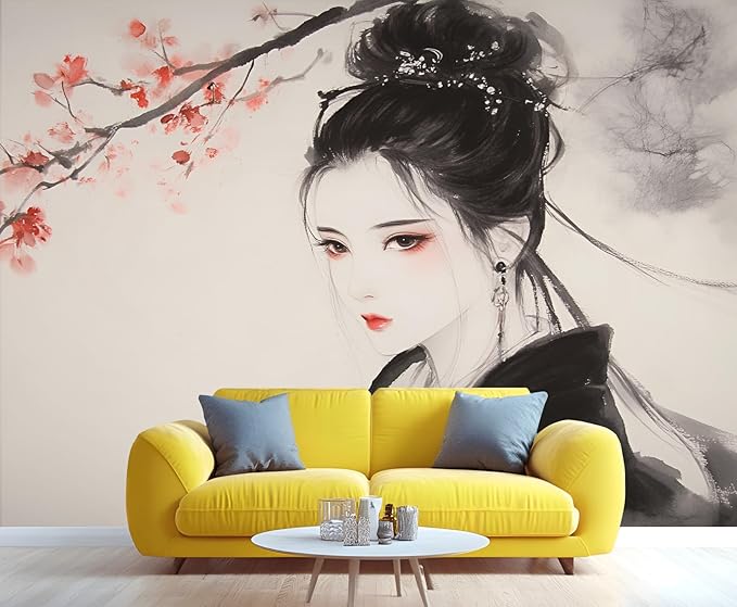 Asian Woman Wall Mural, Oriental Japanese Woman 3D Wall Murals, Ink Style Art Wallpaper Mural, for Living Room Bedroom Large Wallpaper Indoor Decor 118" W x 82.6 "H