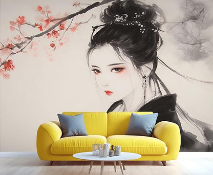 Asian Woman Wall Mural, Oriental Japanese Woman 3D Wall Murals, Ink Style Art Wallpaper Mural, for Living Room Bedroom Large Wallpaper Indoor Decor 177.16" W x120 H