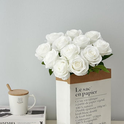 12pcs Roses Artificial Flowers Fake Roses White Silk Roses Flowers Rose with Long Stems for Wedding Home Party Centerpieces Decorations