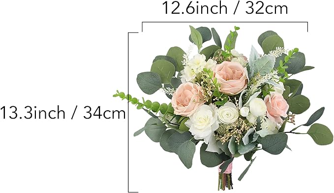 Rinlong 12.6 Inch Wedding Bouquets for Bride Pink Green Bridal Bouquet for Wedding Artificial Flowers Silk Bouquet Spring