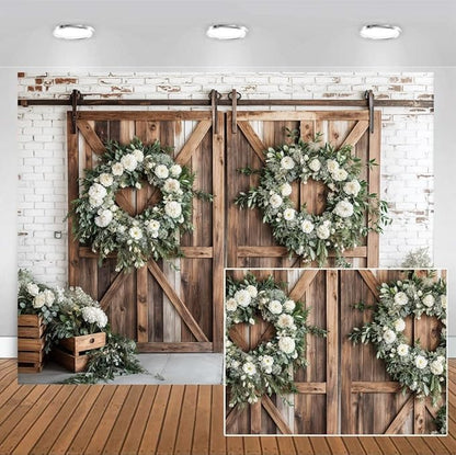 Rustic Barn Door Photography Backdrops, White Flower Wood Brown Barn Door Backdrop, Wedding Birthday Party Decors Photo Booth Props 7x5ft