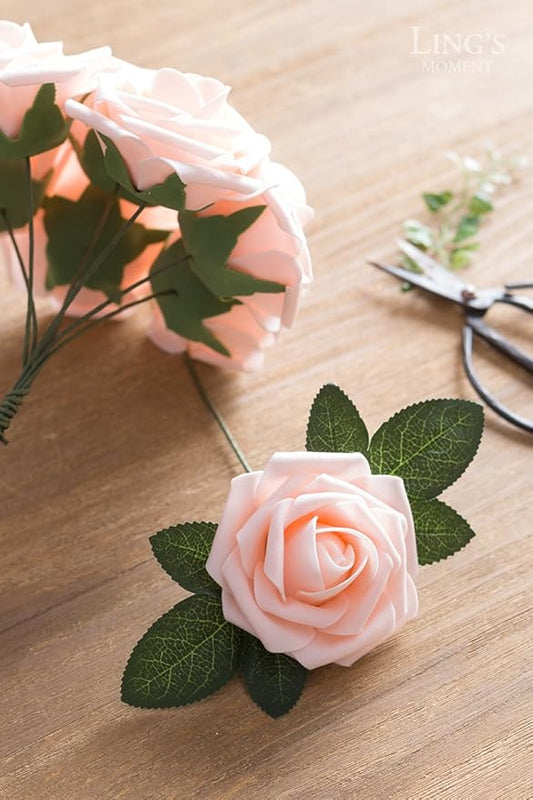 Ling's moment Artificial Flowers 50Pcs Pink Roses Decor w/Stems,3" Real Touch DIY Foam Floral for Wedding Bouquet/Centerpieces, Outdoors Party Backdrop, Room/Table, and Garden/Pot Decorations