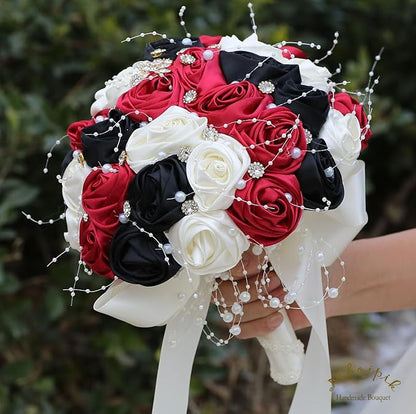 Bridal Wedding Bouquet Round Bling Brooch Bouquet Throw Toss Artificial Rose Flower Bunch for Bride Bridesmaid Wedding Quinceanera(Ruby Red, Black & Ivory, 6.3")