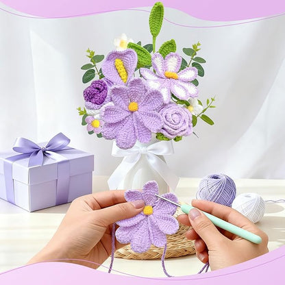 Crochet Flower Bouquet, Purple Knitted Flowers, Handmade Crochet Roses Calla Lily Gasang for Lover Anniversary Birthday Party Mother's Day Graduation Gifts (Purple)