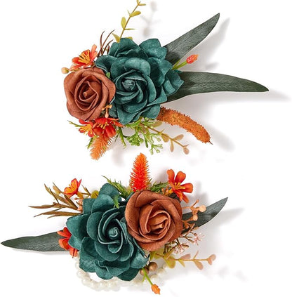 Serwalin Teal Orange Wrist Corsage and Boutonniere Set 2pcs, 6-7inch Boutonniere for Men, Corsage Wristlet Wristband Prom Flower Wedding Flowers Accessories Prom Suit Decorations