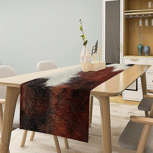 Cow Skin Print Table Runner, Rustic Country Farmhouse Animal Fur Skin Western Farm Black Brown Cowhide Print Dinner Runner Table Decoration for Home Kitchen Dining 13x36in
