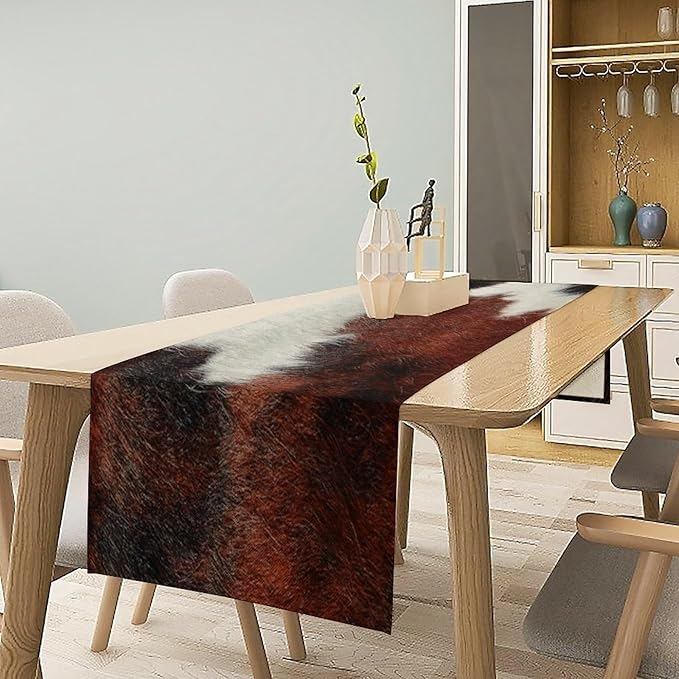 Cow Skin Print Table Runner, Rustic Country Farmhouse Animal Fur Skin Western Farm Black Brown Cowhide Print Dinner Runner Table Decoration for Home Kitchen Dining 13x60in