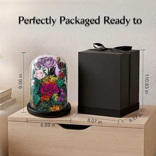 Preserved Rose with Butterfly, LED Forever Flowers in Glass Dome, Eternal Flowe for Women, Birthday Gifts for Mom Friend, Includes Greeting Card & Luxury Gift Box (Purple)