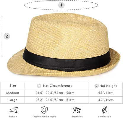 FADACHY Summer Straw Fedora Hat Short Brim Panama Sun Hat Trilby Beach Hat for Men & Women