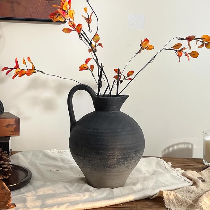 Ceramic Rustic Farmhouse Vase with Handle, 8.7 Inch Black Vintage Vase, Rustic Ceramic Pottery for Home Decor, Farmhouse Decor Centerpiece for Kitchen, Living Room, Entryway
