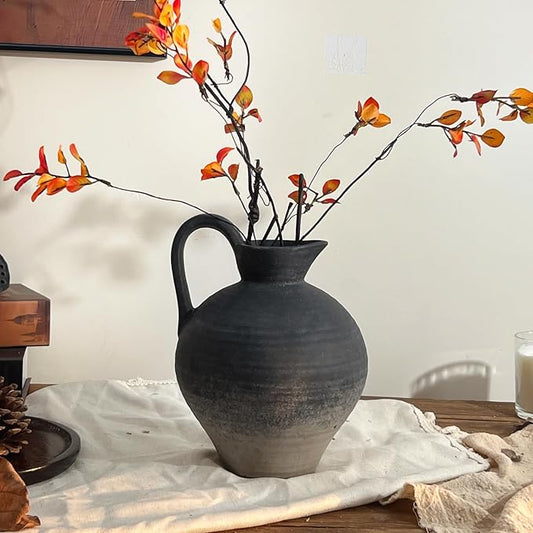 Ceramic Rustic Farmhouse Vase with Handle, 8.7 Inch Black Vintage Vase, Rustic Ceramic Pottery for Home Decor, Farmhouse Decor Centerpiece for Kitchen, Living Room, Entryway