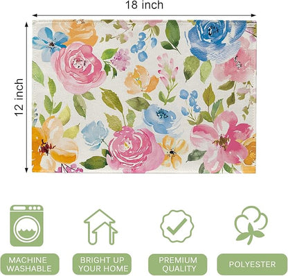 Seliem Spring Summer Floral Flower Placemats Set of 4, Watercolor Peony Leaves Dining Table Place Mats, Seasonal Kitchen Decor Home Decoration 12 x 18 Inch