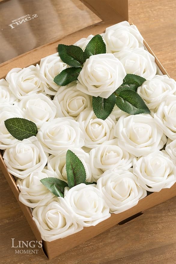 Ling's moment Artificial Flowers 25Pcs Ivory Roses Decor w/Stems,3" Real Touch DIY Foam Floral for Wedding Bouquet/Centerpieces, Outdoors Party Backdrop, Room/Table, and Garden/Pot Decorations