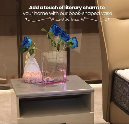 Book Vase for Flowers Home Décor,Artistic and Cultural Flavor Decorative Acrylic Clear Vase for Home and Office,Creative Gifts for Book Lovers (Pink)
