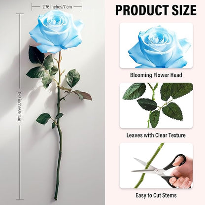 50PCS Artificial Roses with Long Stems - Realistic Silk Flowers, Fake Roses Real Touch Bouquet of Roses for Home Decor, Bridal Wedding Party Table Centerpieces, Bulk Faux Rose Flowers ( Sky Blue )