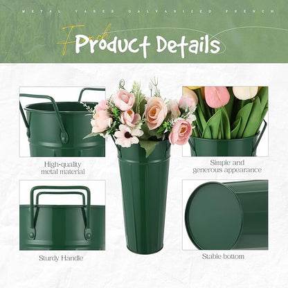 Lallisa 24 Pcs Metal Vases 9 Inch Galvanized French Farmhouse Flower Buckets with Handles and Hemp Rope, Vintage Style Flower Containers for Country Wedding Party Table Centerpiece Decor(Dark Green)