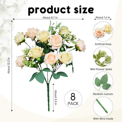 8 Pack Rose Artificial Flowers Bouquet, 10 Small Silk Rose Heads Per Pack, Fake Roses Bunches for Wedding Table Centerpieces Bridal Bouquet Mother's Day Valentine's Day Home Decor, Champagne