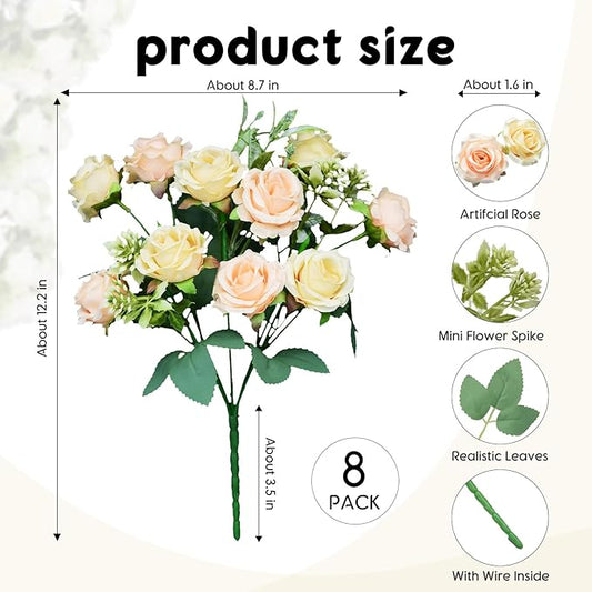 8 Pack Rose Artificial Flowers Bouquet, 10 Small Silk Rose Heads Per Pack, Fake Roses Bunches for Wedding Table Centerpieces Bridal Bouquet Mother's Day Valentine's Day Home Decor, Champagne
