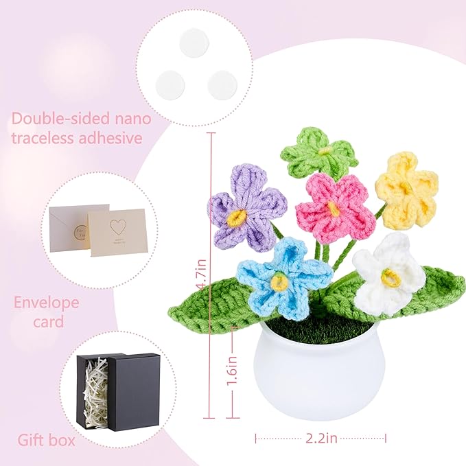 Crochet Flowers Handmade Knitted Potted Flower Gifts, Christmas Birthday for Women Coworkers Girlfriend Teacher, Cute Desk Home Room Office Decor Accessories