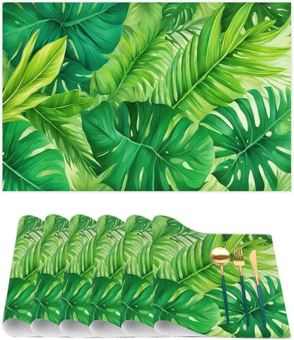 Green Summer Palm Leaf Placemats Set of 4 PVC Vinyl Non Slip Table Mats Waterproof Heat Resistant Place Mats Washable Wipeable Dining Table Mat for Kitchen Party Indoor Outdoor Decorative