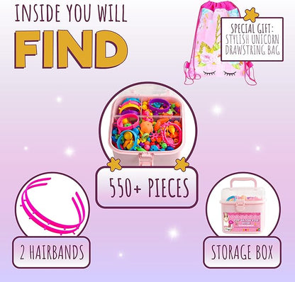 Orian Pop Beads Jewelry Making Kit for Girls, 500+ Piece Set for Girls Ages 3 and Up,Colorful Snap Beads,Bracelet,Necklaces and Rings Unicorn Gift Bag