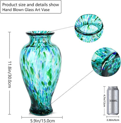 11.8" Tall Turquoise Glass Vase Beautiful Hand Blown Glass Vase Modern Art Home Decor, Wide Mouth Colorful Vases for Mantle Dining Table Centerpiece, Entryway Living Room Wedding Decoration