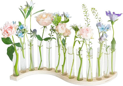 Test Tube Vases for Flowers，Small Plant Propagation Station，S Shape Plant Terrarium with Wooden Stand(Light Wood)